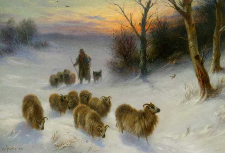 collie and lamb in snow painting